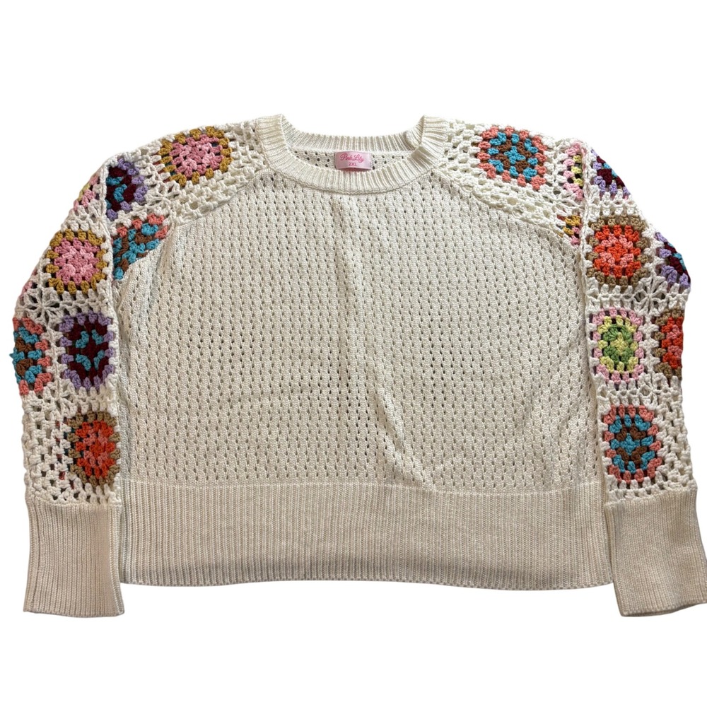 Pink Lily Cream Crochet Granny Square Sleeve Knit Sweater 2XL Boho Crew Neck